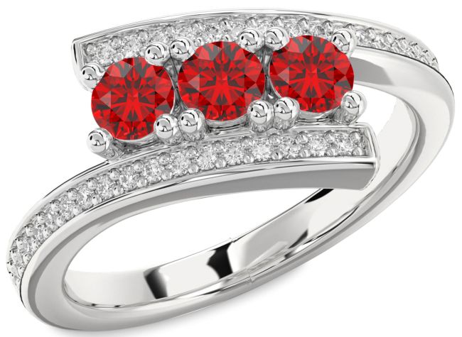 Diamond Ruby Platinum Round Three Stone Birthstone Ring