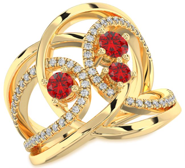 Diamond Ruby Gold Silver Knot Round Three Stone Birthstone Ring
