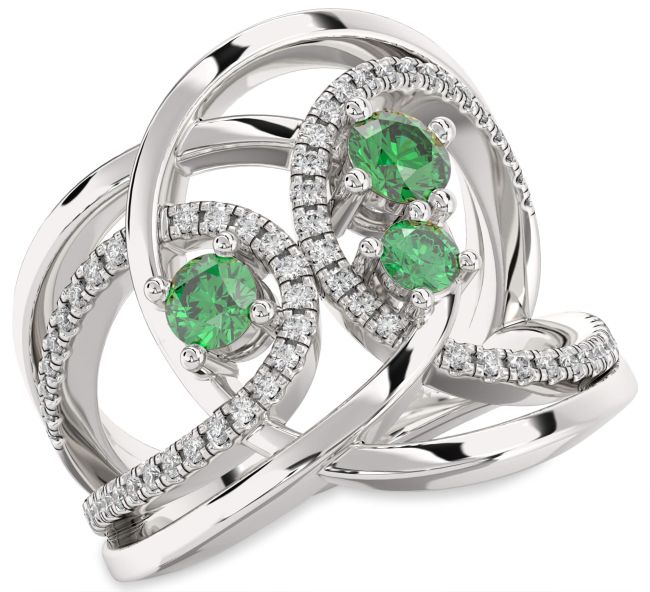 Diamond Emerald Silver Knot Round Three Stone Birthstone Ring
