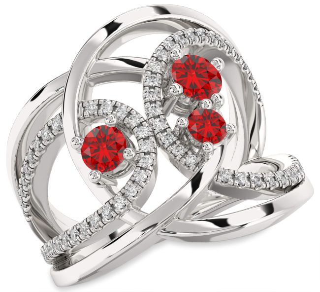 Diamond Ruby Silver Knot Round Three Stone Birthstone Ring