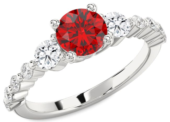 Diamond Ruby Silver Round Three Stone Engagement Ring