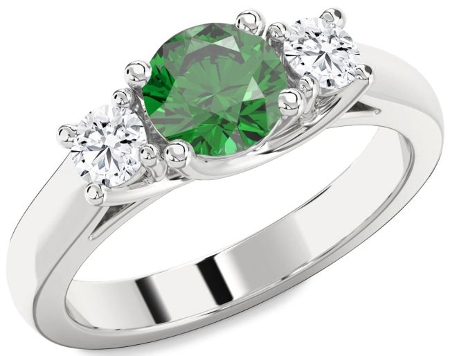 Diamond Emerald Silver Round Three Stone Engagement Ring