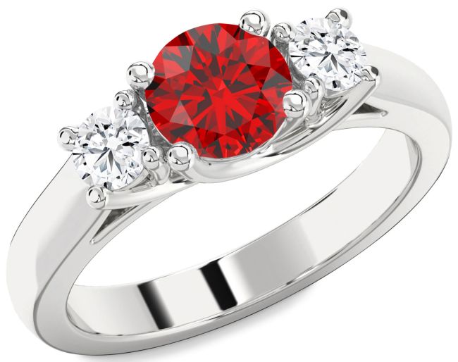 Diamond Ruby Silver Round Three Stone Engagement Ring
