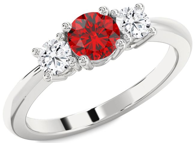 Diamond Ruby Silver Round Three Stone Engagement Ring