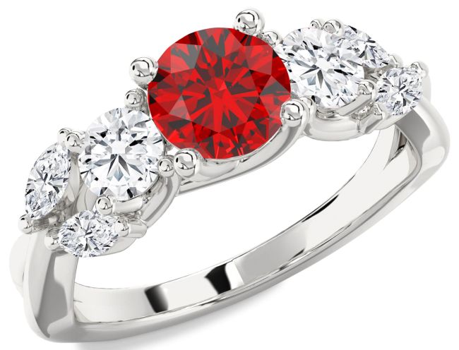Diamond Ruby Silver Round Three Stone Engagement Ring