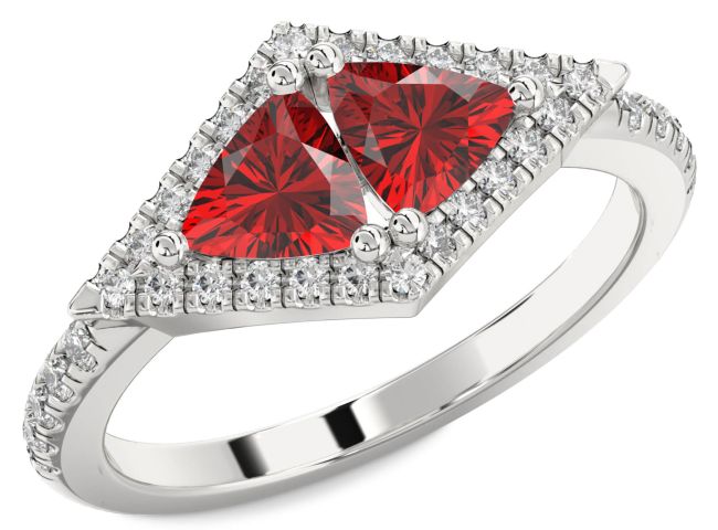 Diamond Ruby Silver Trillion Two Stone Birthstone Ring