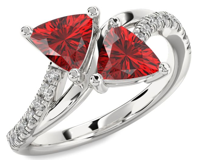 Diamond Ruby Silver Trillion Two Stone Birthstone Ring