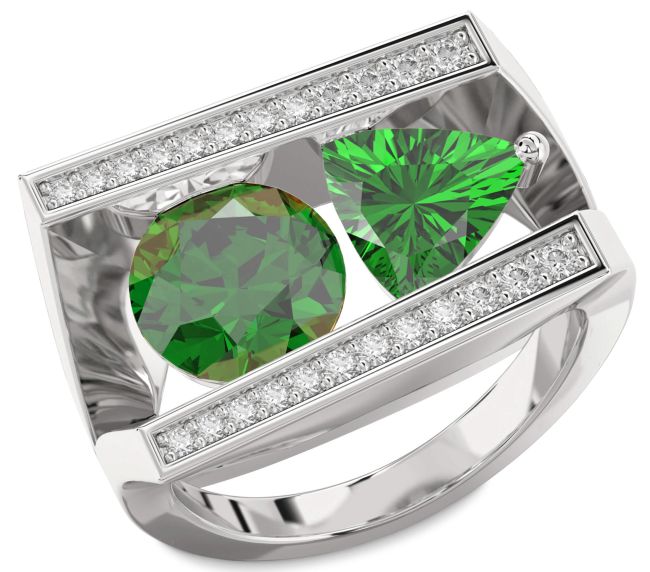 Diamond Emerald Platinum Round Two Stone Birthstone Ring