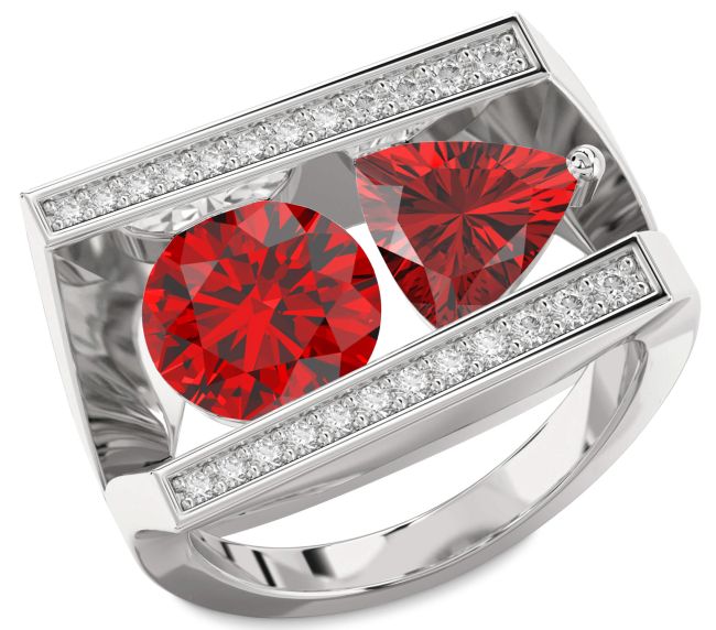 Diamond Ruby Silver Round Two Stone Birthstone Ring