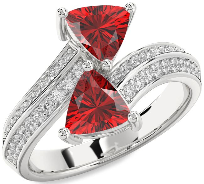 Diamond Ruby Silver Trillion Two Stone Birthstone Ring