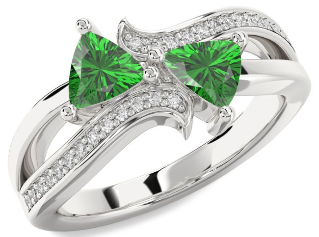 Diamond Emerald Platinum Trillion Two Stone Birthstone Ring