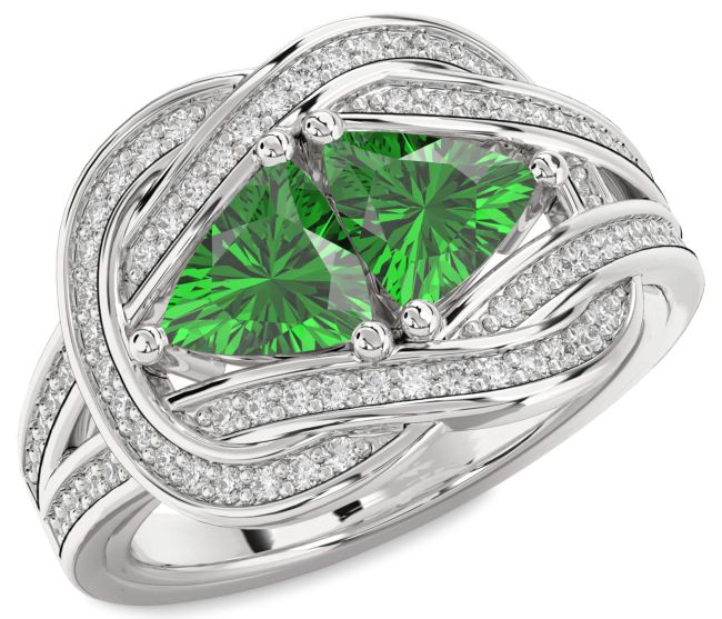 Diamond Emerald Silver Knot Trillion Two Stone Birthstone Ring