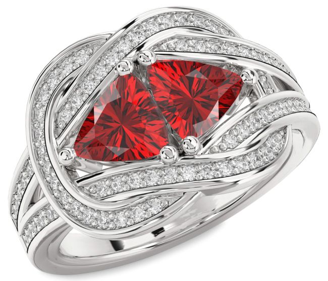 Diamond Ruby Silver Knot Trillion Two Stone Birthstone Ring