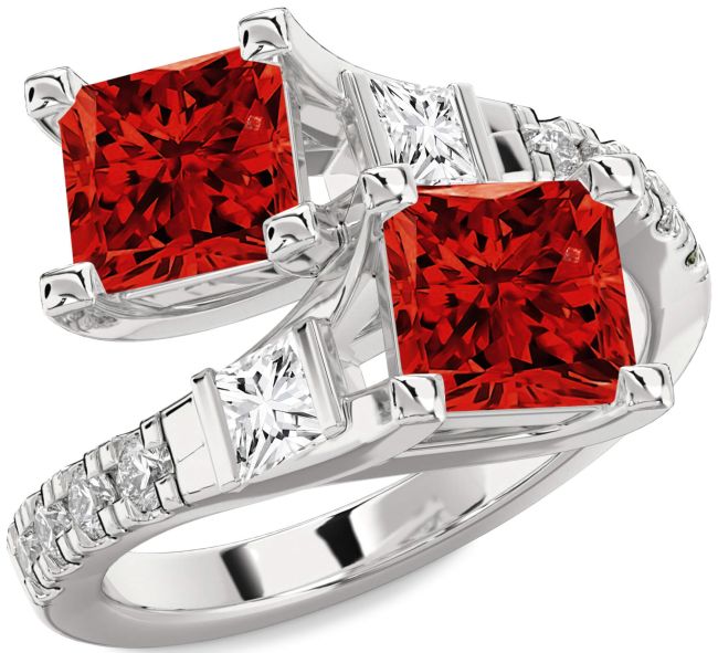 Diamond Ruby Silver Princess Two Stone Birthstone Ring