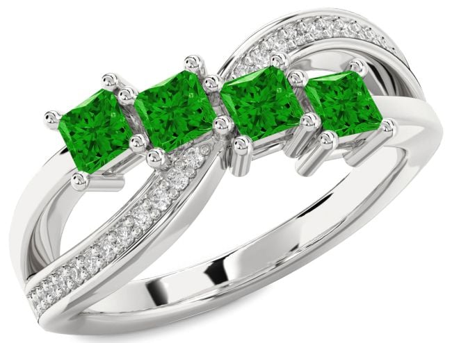 Diamond Emerald Platinum Infinity Princess Four Stone Birthstone Ring
