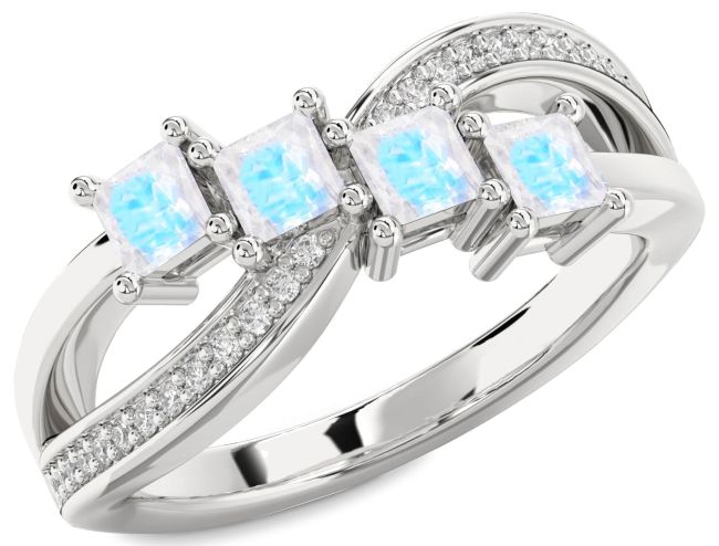 Diamond Moonstone Silver Infinity Princess Four Stone Ring