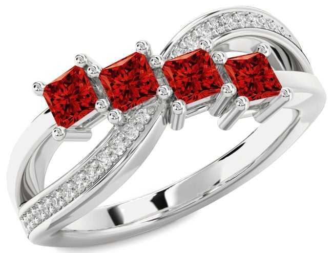 Diamond Ruby Platinum Infinity Princess Four Stone Birthstone Ring