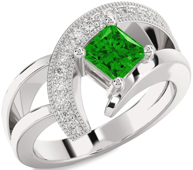 Diamond Emerald Silver Princess Promise Ring