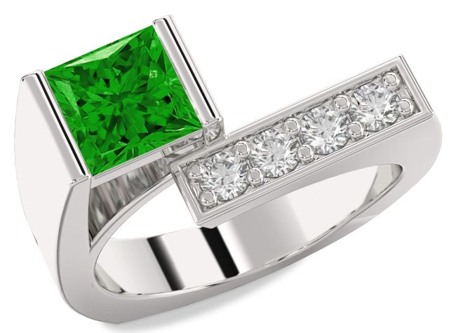 Diamond Emerald Silver Princess Promise Ring