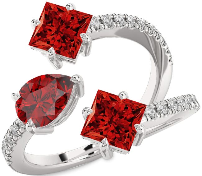 Diamond Ruby Silver Princess Three Stone Birthstone Ring