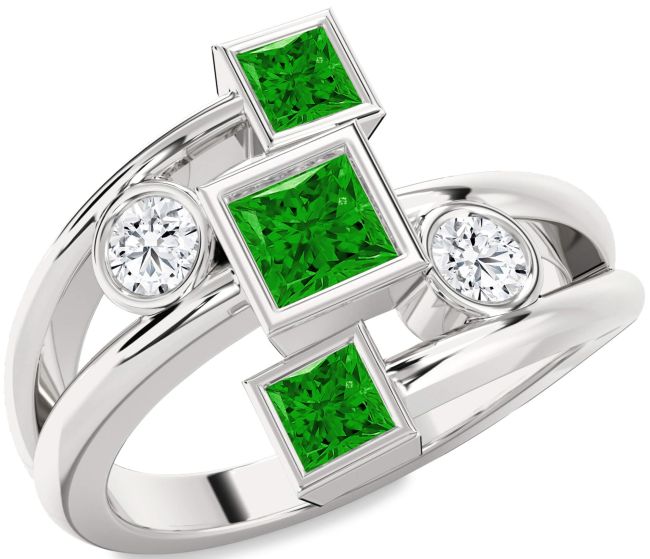 Emerald Silver Princess Three Stone Birthstone Ring