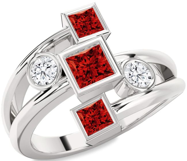 Ruby Silver Princess Three Stone Birthstone Ring