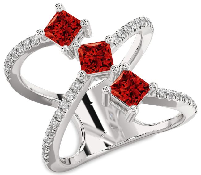 Diamond Ruby Silver Princess Three Stone Birthstone Ring