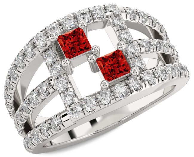 Diamond Ruby Silver Princess Two Stone Birthstone Ring