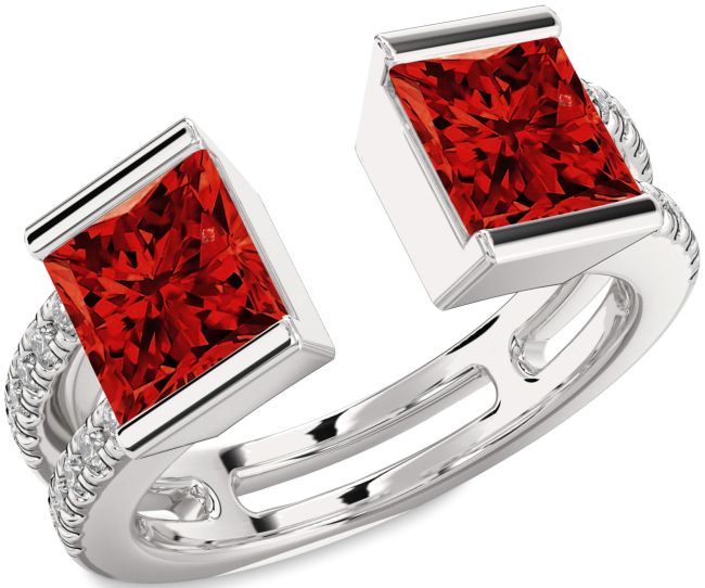 Diamond Ruby Silver Princess Two Stone Birthstone Ring