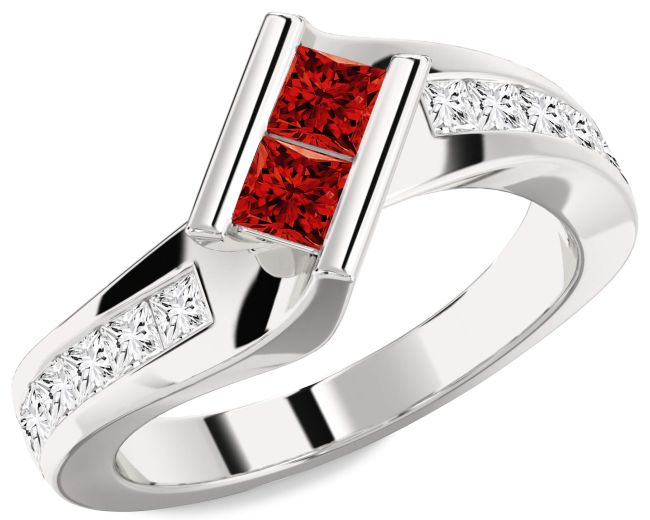 Diamond Ruby Silver Princess Two Stone Birthstone Ring