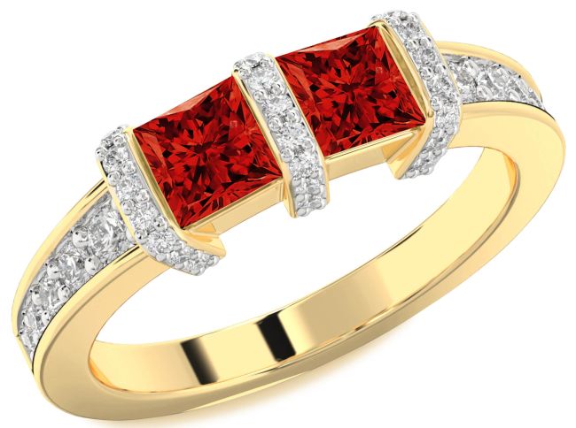 Diamond Ruby Gold Princess Two Stone Birthstone Ring