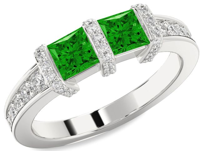 Diamond Emerald Silver Princess Two Stone Birthstone Ring