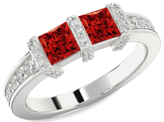 Diamond Ruby Platinum Princess Two Stone Birthstone Ring