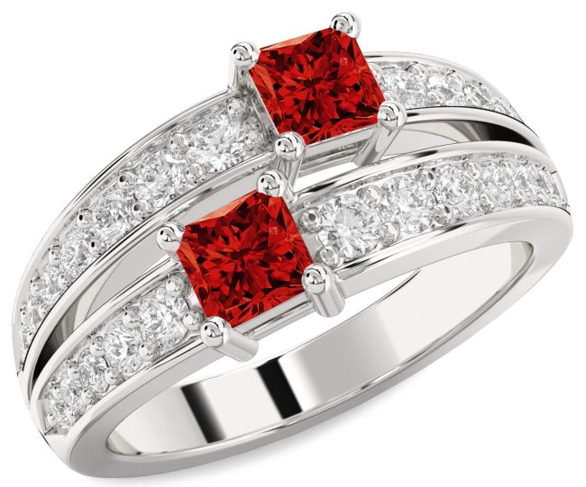 Diamond Ruby Silver Princess Two Stone Birthstone Ring