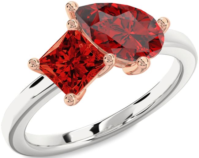 Ruby Silver & 10K Rose Gold Pear Two Stone Birthstone Ring