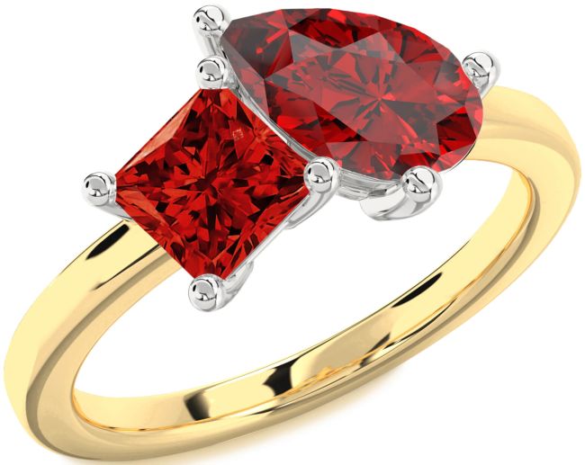 Ruby Gold Silver Pear Two Stone Birthstone Ring