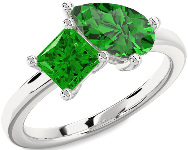 Emerald Platinum Pear Two Stone Birthstone Ring