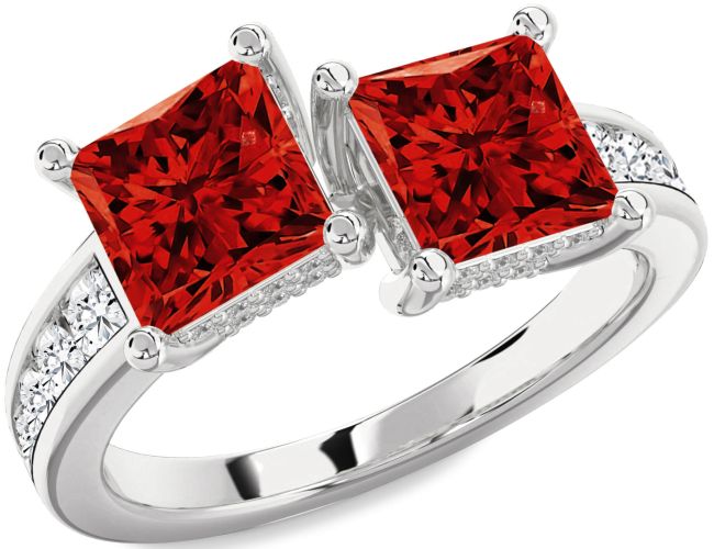 Diamond Ruby Silver Princess Two Stone Birthstone Ring