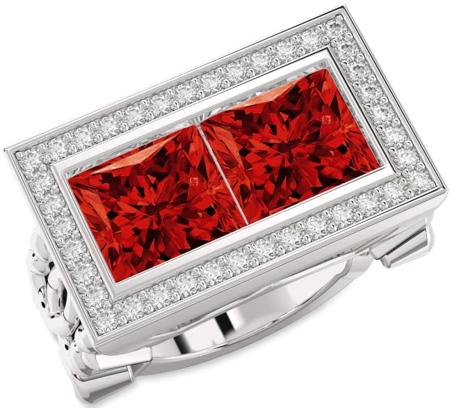 Diamond Ruby Silver Princess Two Stone Birthstone Ring