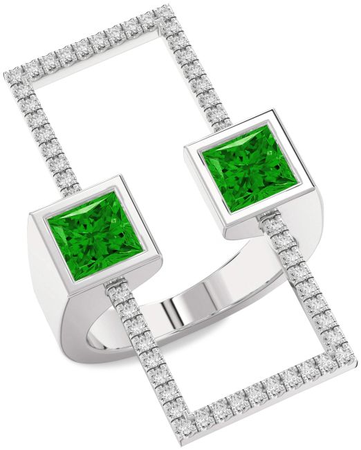 Diamond Emerald Platinum Princess Two Stone Birthstone Ring