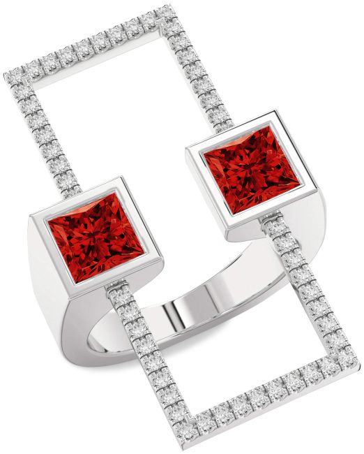 Diamond Ruby Silver Princess Two Stone Birthstone Ring