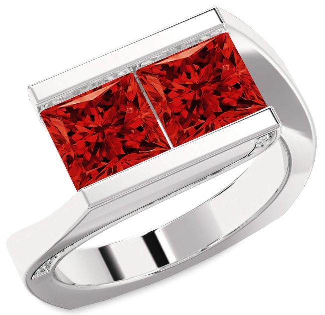 Diamond Ruby Silver Princess Two Stone Birthstone Ring