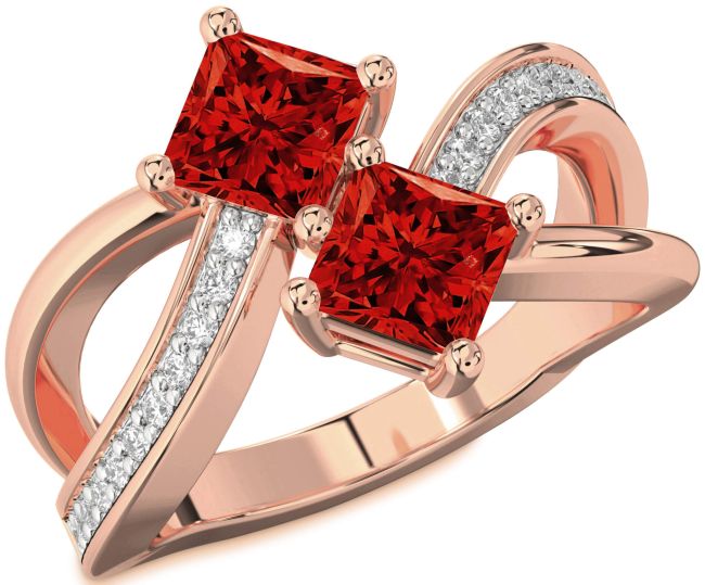 Diamond Ruby Rose Gold Princess Two Stone Birthstone Ring