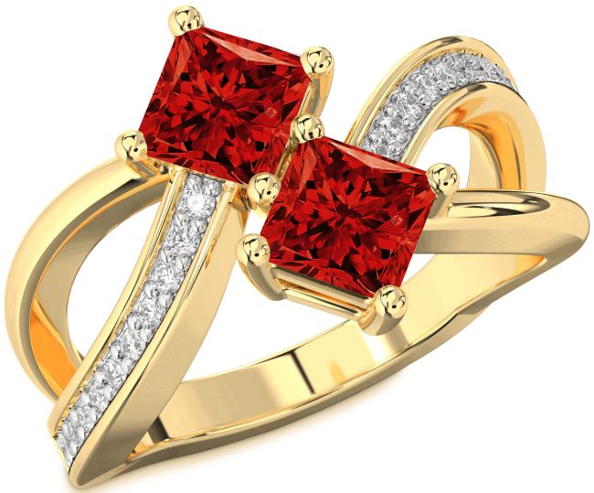 Diamond Ruby Gold Silver Princess Two Stone Birthstone Ring