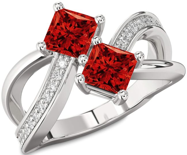 Diamond Ruby Silver Princess Two Stone Birthstone Ring