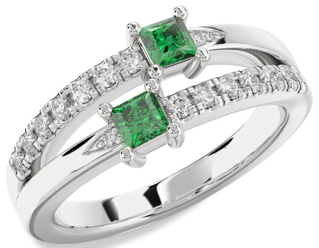 Diamond Emerald Platinum Princess Two Stone Birthstone Ring