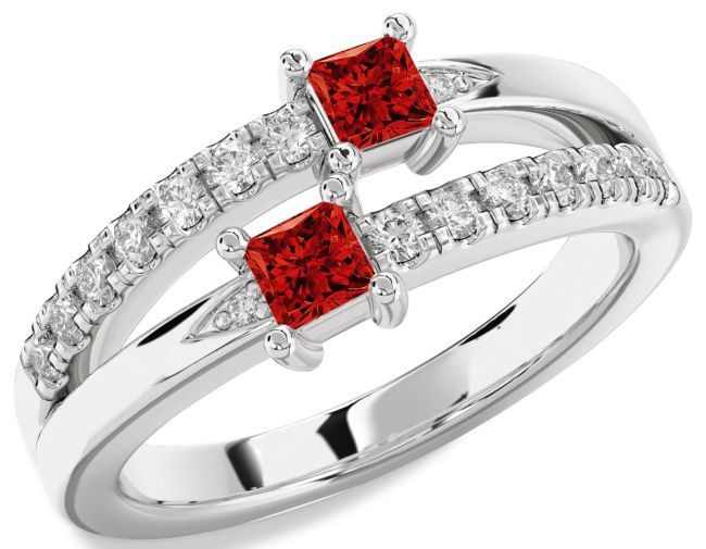 Diamond Ruby Silver Princess Two Stone Birthstone Ring