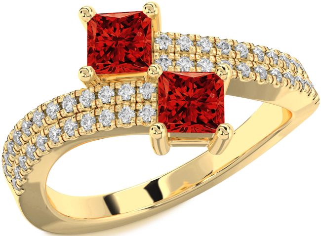 Diamond Ruby Gold Princess Two Stone Birthstone Ring