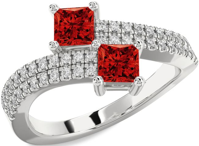 Diamond Ruby Silver Princess Two Stone Birthstone Ring