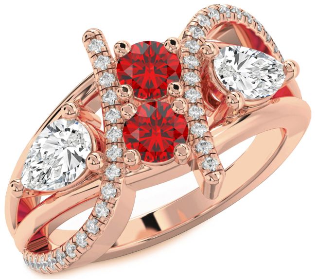 Diamond Ruby Rose Gold Round Three Stone Birthstone Ring